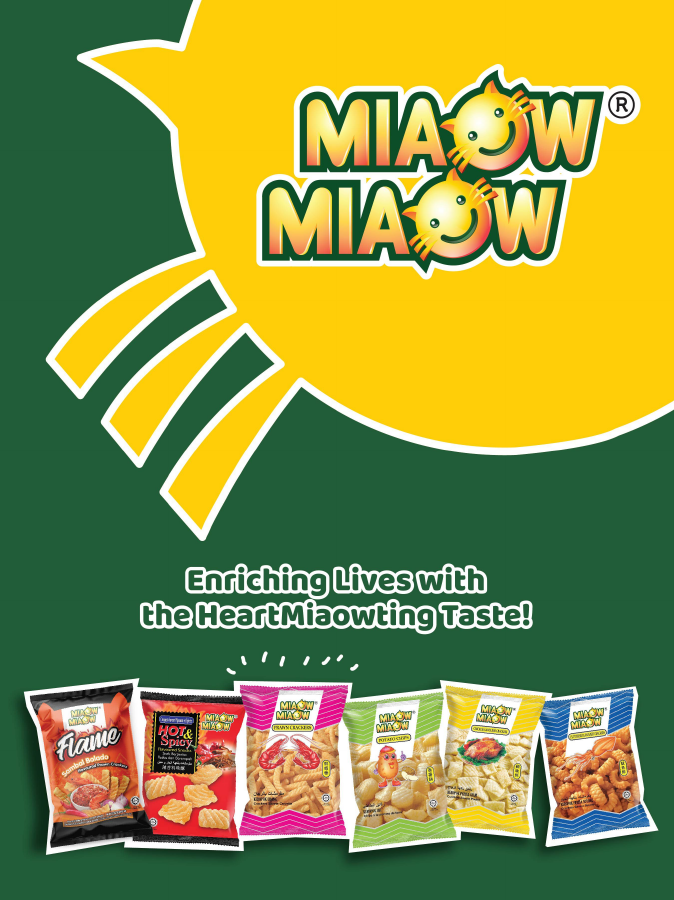 Miaow Miaow snack catalogue cover showing selected packaged snack products