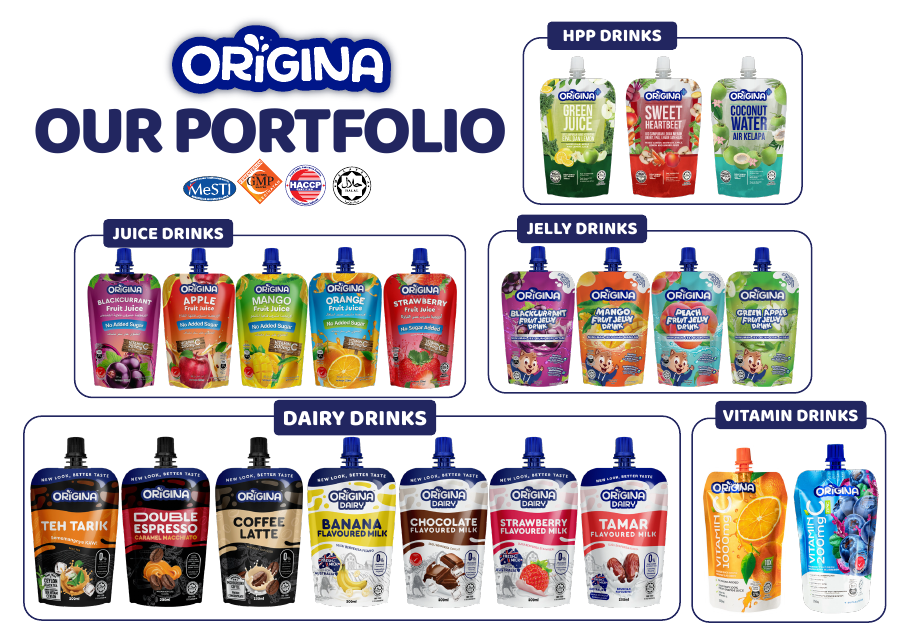 Origina catalogue portfolio showing fruit, dairy, jelly and wellness beverages